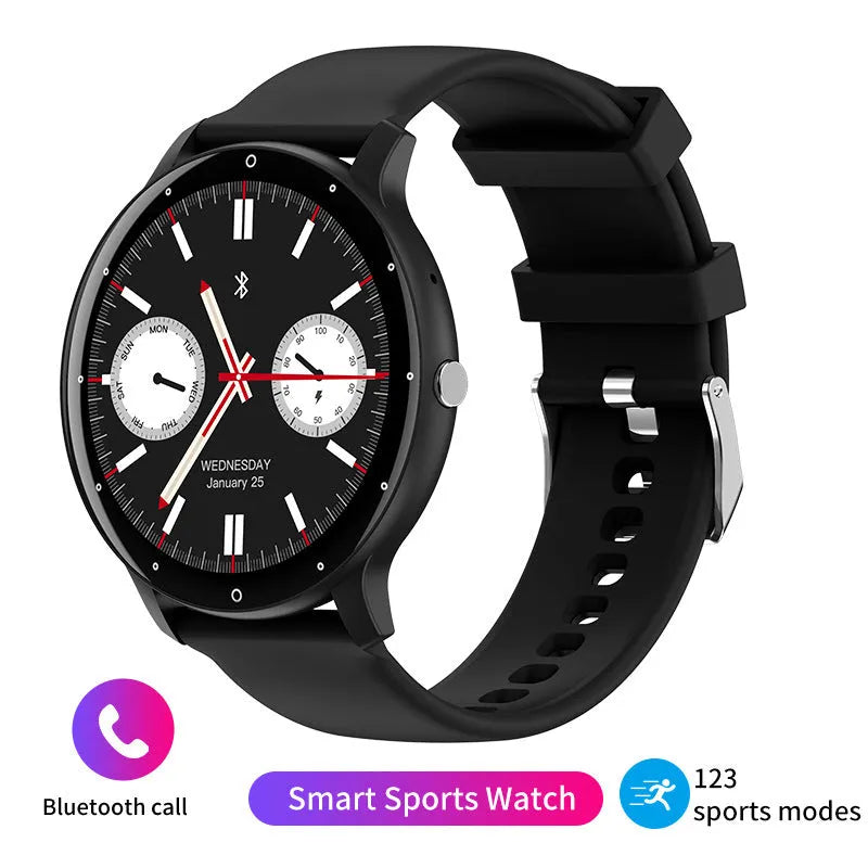 Call ZL02PRO Smart Watch in black with AMOLED screen and touch button on wrist showing heart rate monitoring