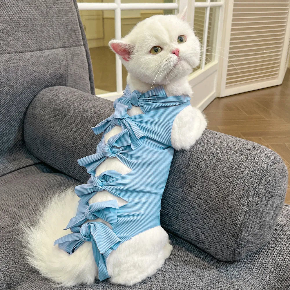 Lace-up back closure cat recovery suit in blue, sized for post-operative sterilisation care