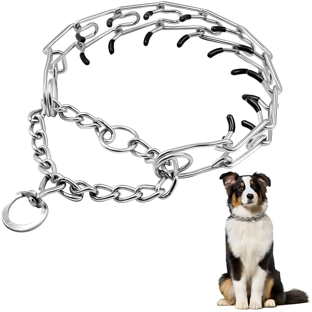 Stainless steel dog prong training collar with comfort rubber tips and adjustable chain links on a grey background.