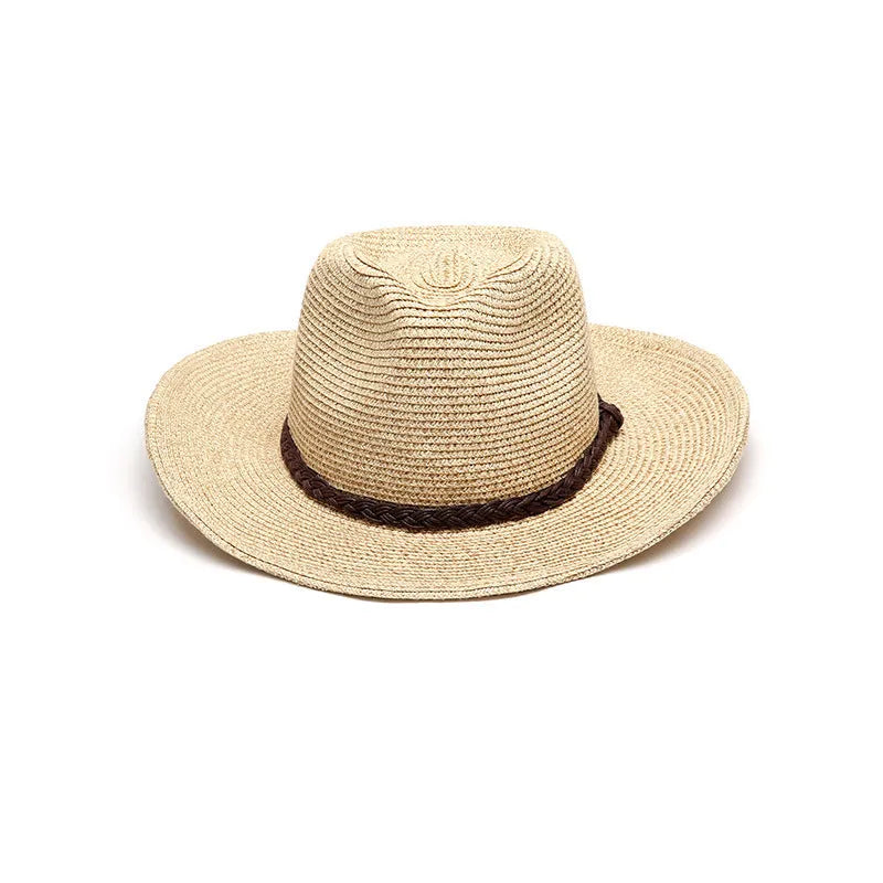 Men's foldable straw sun hat with wide brim in beige colour showing foldable design for summer outdoor use