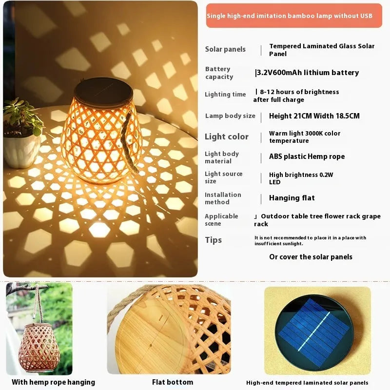 Solar hanging lantern with imitation bamboo woven plastic shade and hollow pattern for outdoor garden lighting