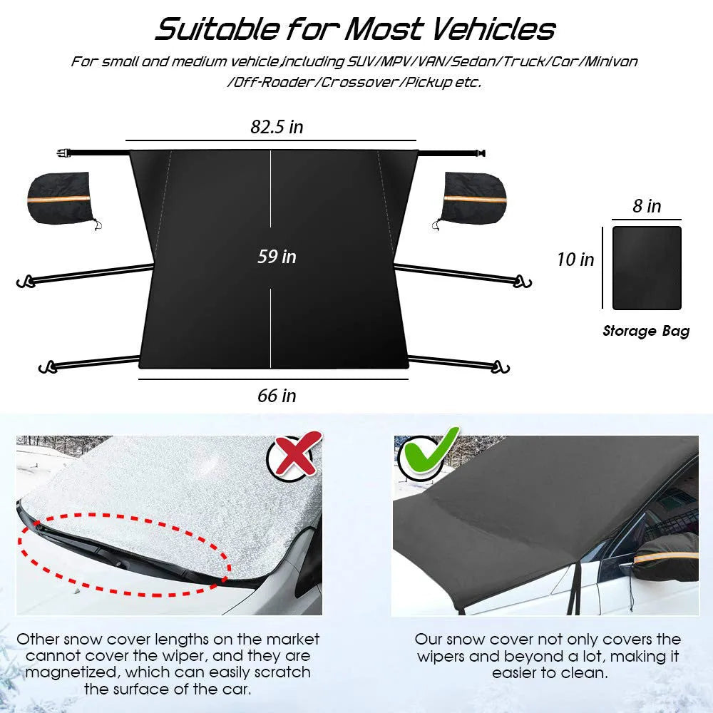 Black car windshield front snow shield cover with six elastic bands and hooks, on a car