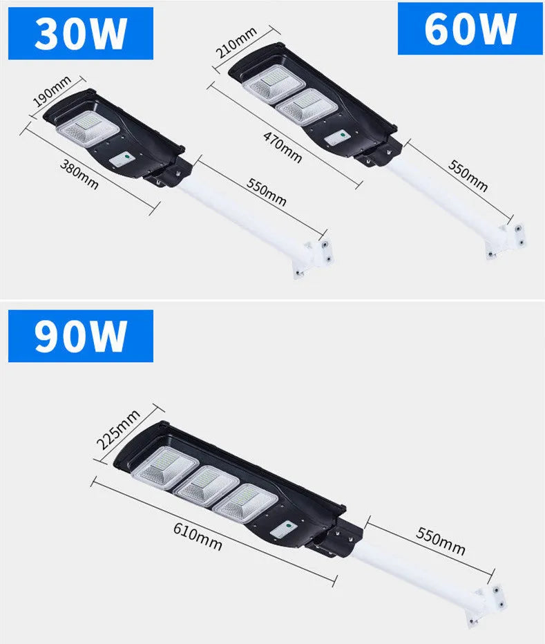Integrated solar-powered 60W LED street light with remote control for outdoor use.