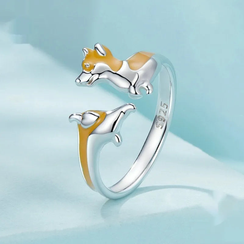 Sterling silver women's ring with a cute cartoon corgi dog design in colour SCR1014-E.