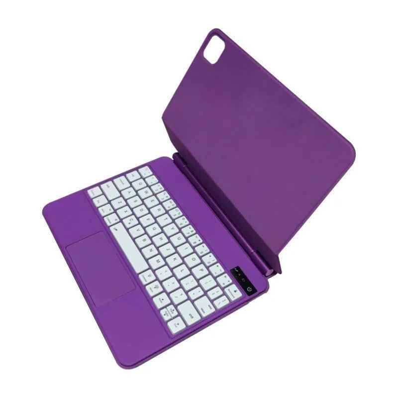 Bluetooth wireless keyboard with magnetic protective cover for iPad Pro and iPad Air tablets in various colours.