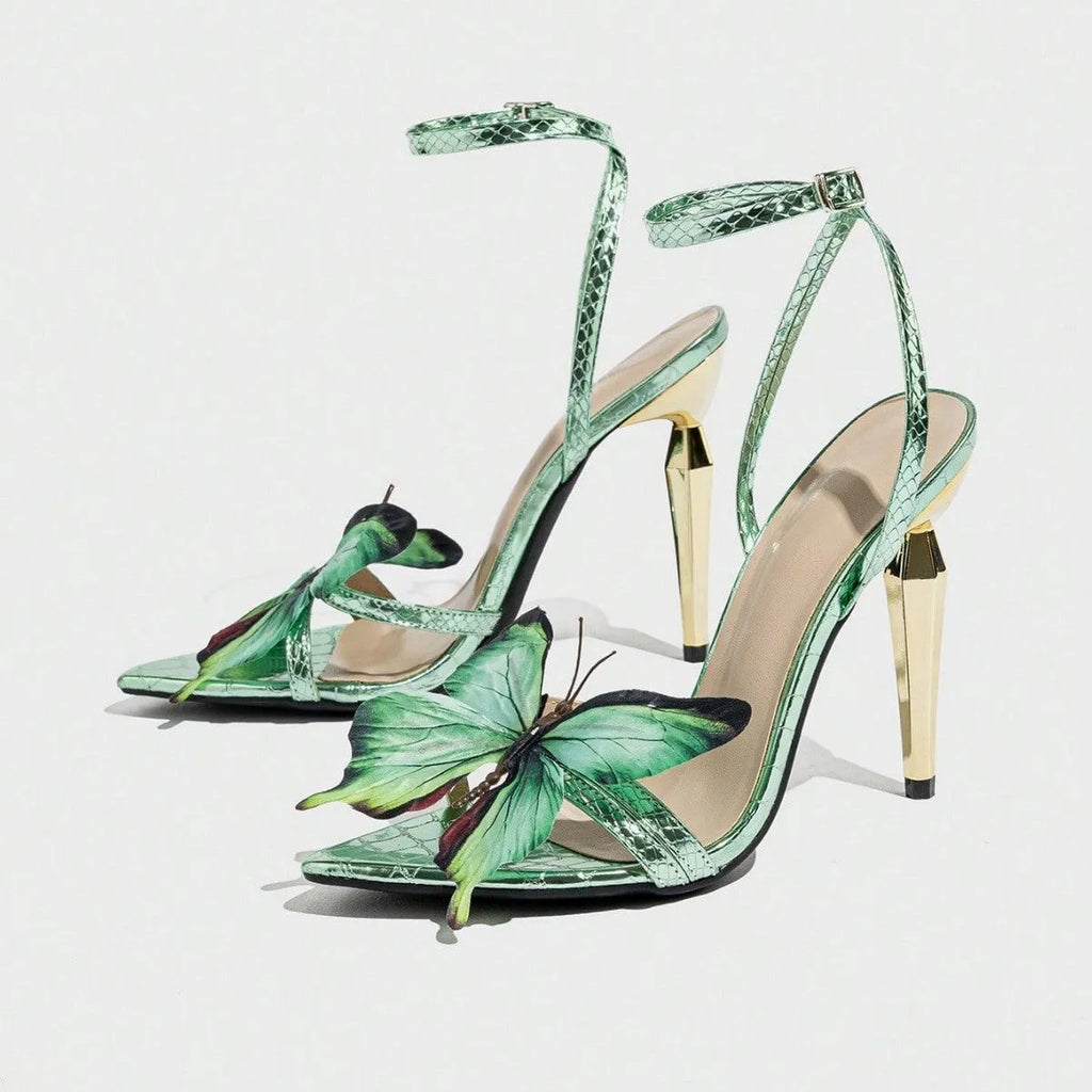 Women's green PU sandals with three-dimensional butterfly decoration and electroplated stiletto heel