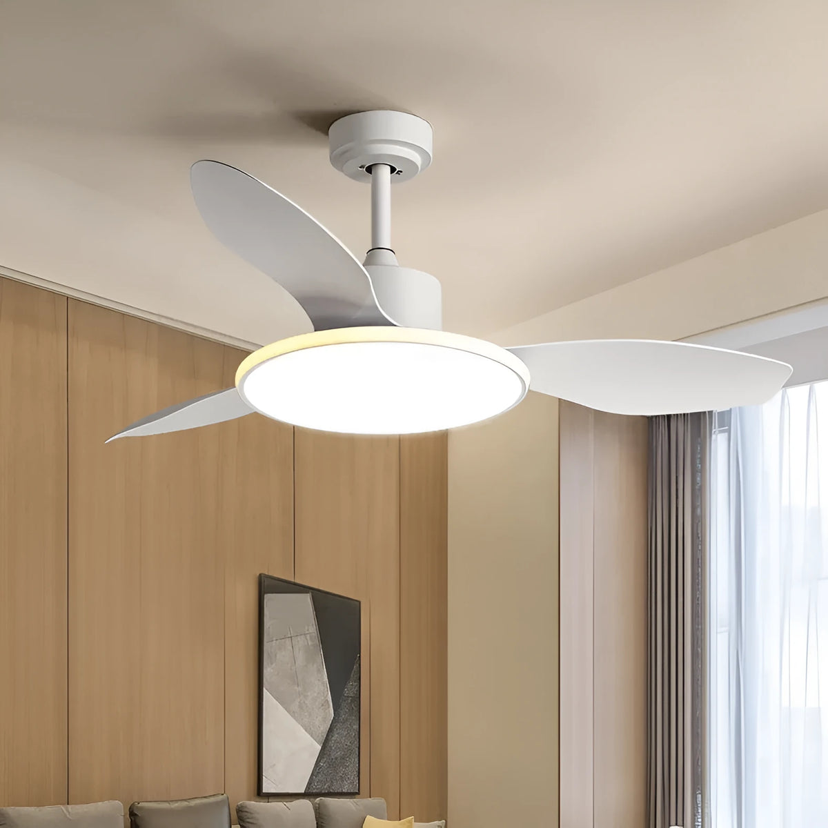 New ultra-thin ceiling fan light with wood blades and acrylic lampshade in white finish with remote control
