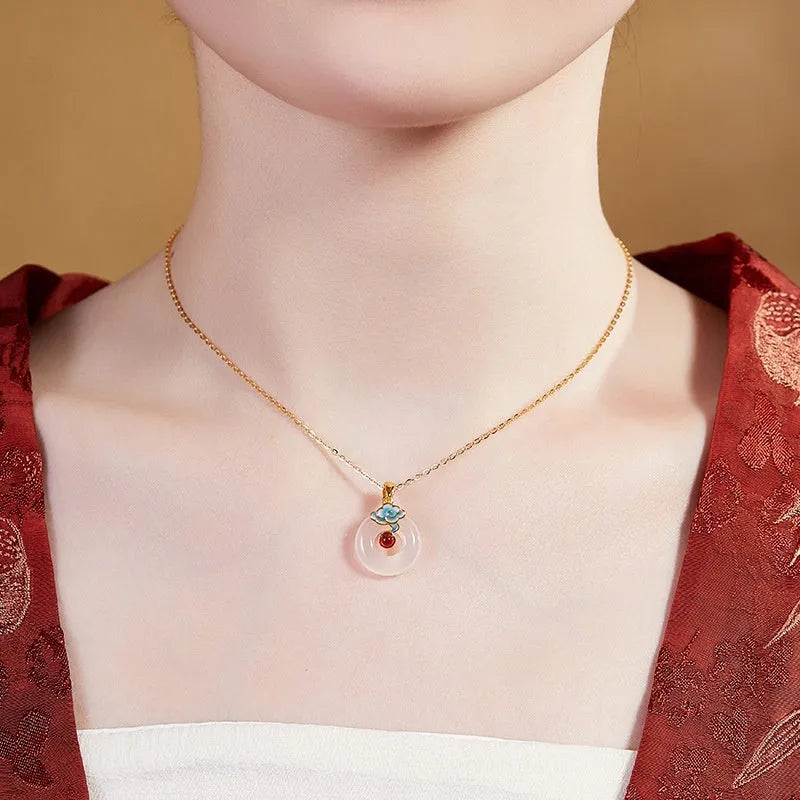 925 silver cold enamel red agate white chalcedony safety buckle pendant clavicle chain necklace on white background
