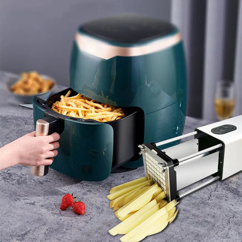 Black electric French fry cutter with stainless steel blades on a kitchen countertop.