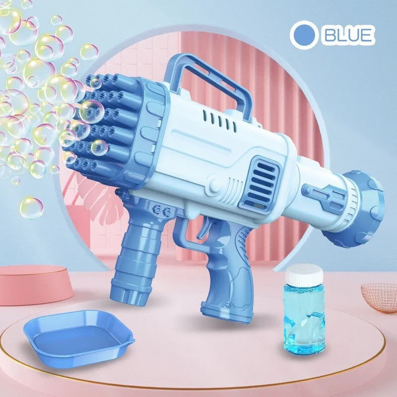 Sky blue electric Gatling bubble machine gun for children with 32 holes and light effects.