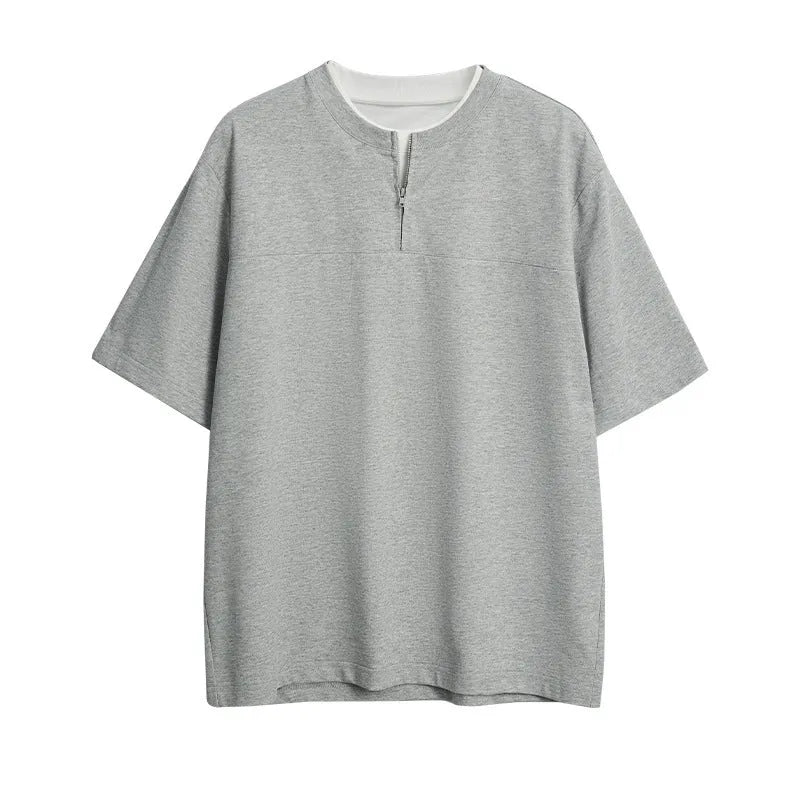 Loose fit zip false two-piece patchwork top in solid colour cotton blend fabric