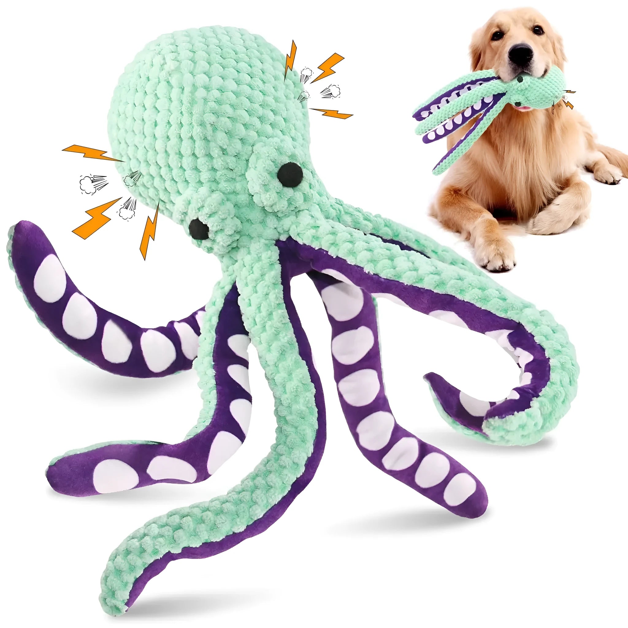 Blue plush octopus dog toy with six long legs and a squeaker, shown on a white background.