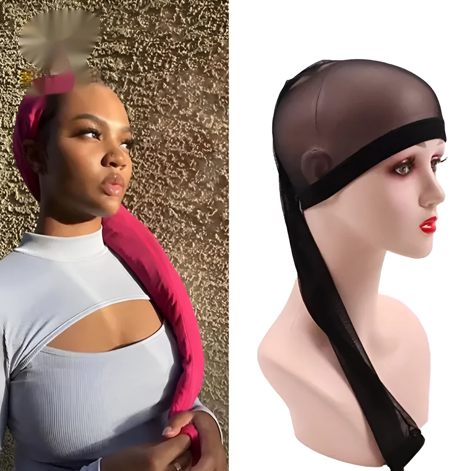 Wig mesh cap in spandex material with adjustable oversleeve construction shown in multiple colour options