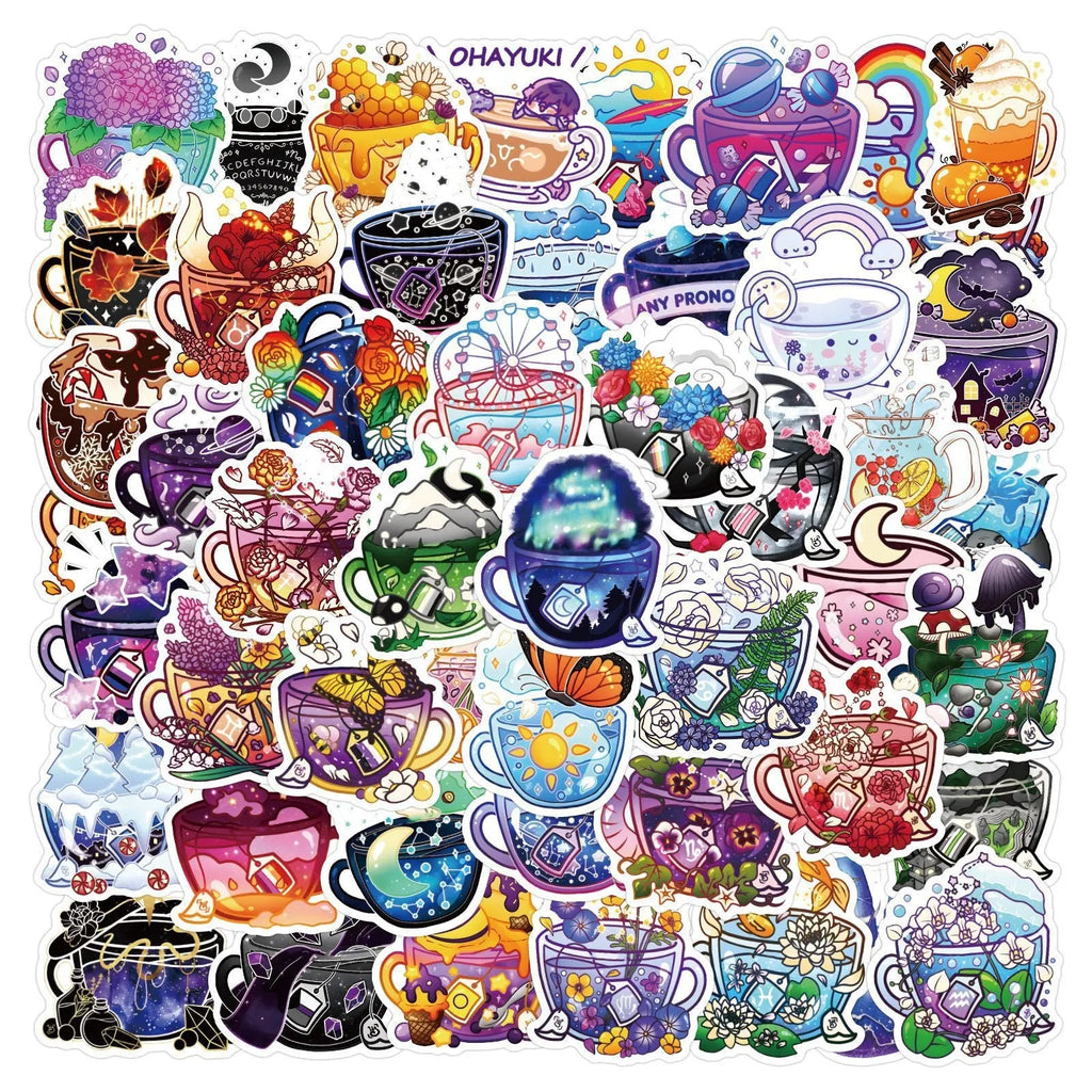 Colourful tea cup graffiti waterproof stickers in 50-piece set for luggage and scooter personalisation