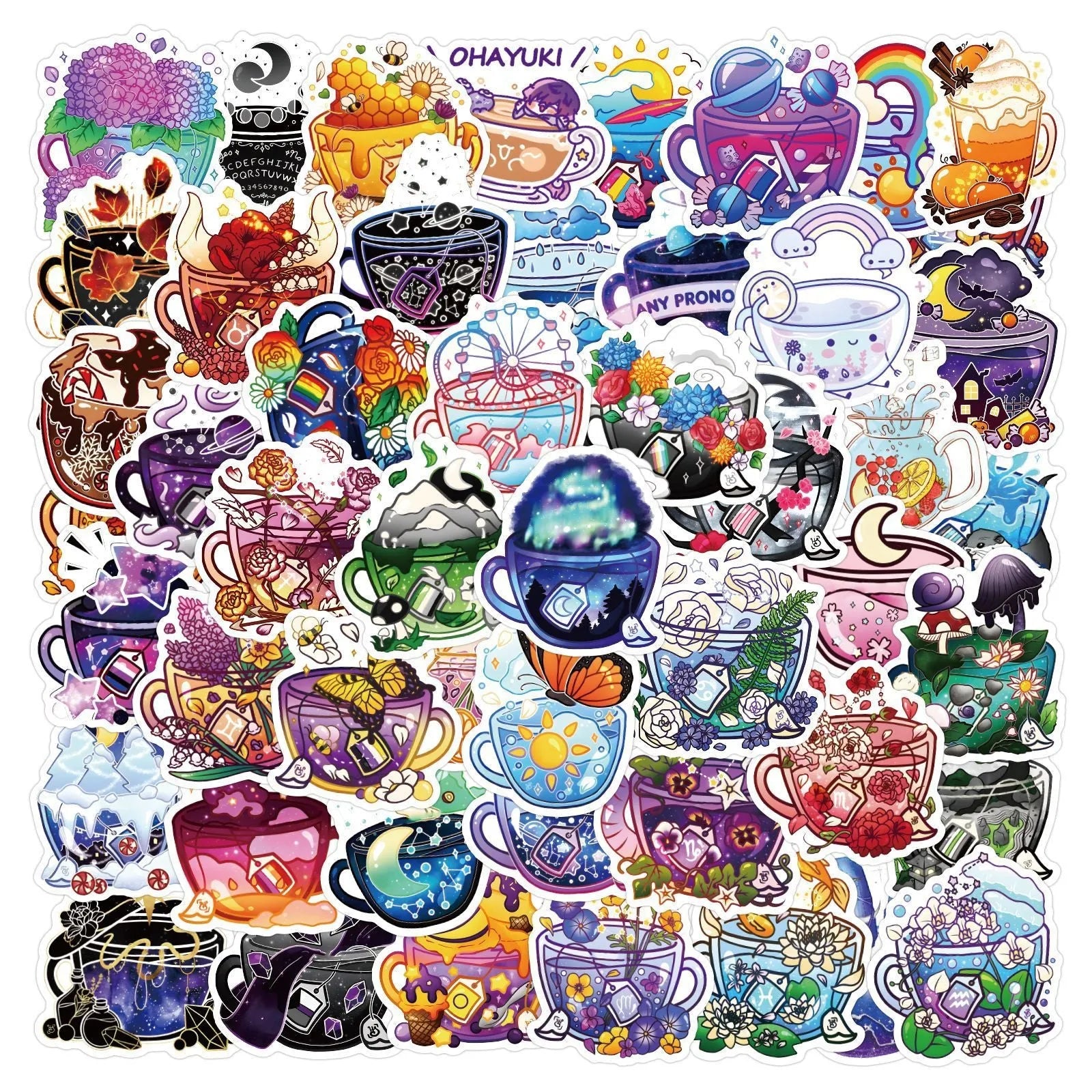Colourful tea cup graffiti waterproof stickers in 50-piece set for luggage and scooter personalisation