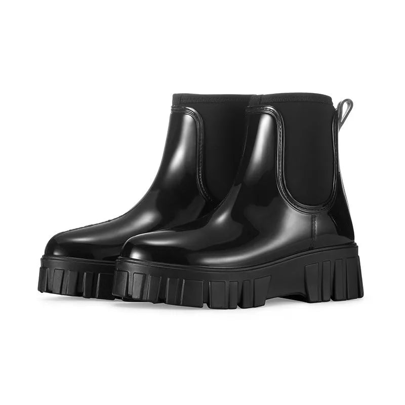 Women's low tube waterproof rain boot in apricot colour with flat heel and non-slip sole