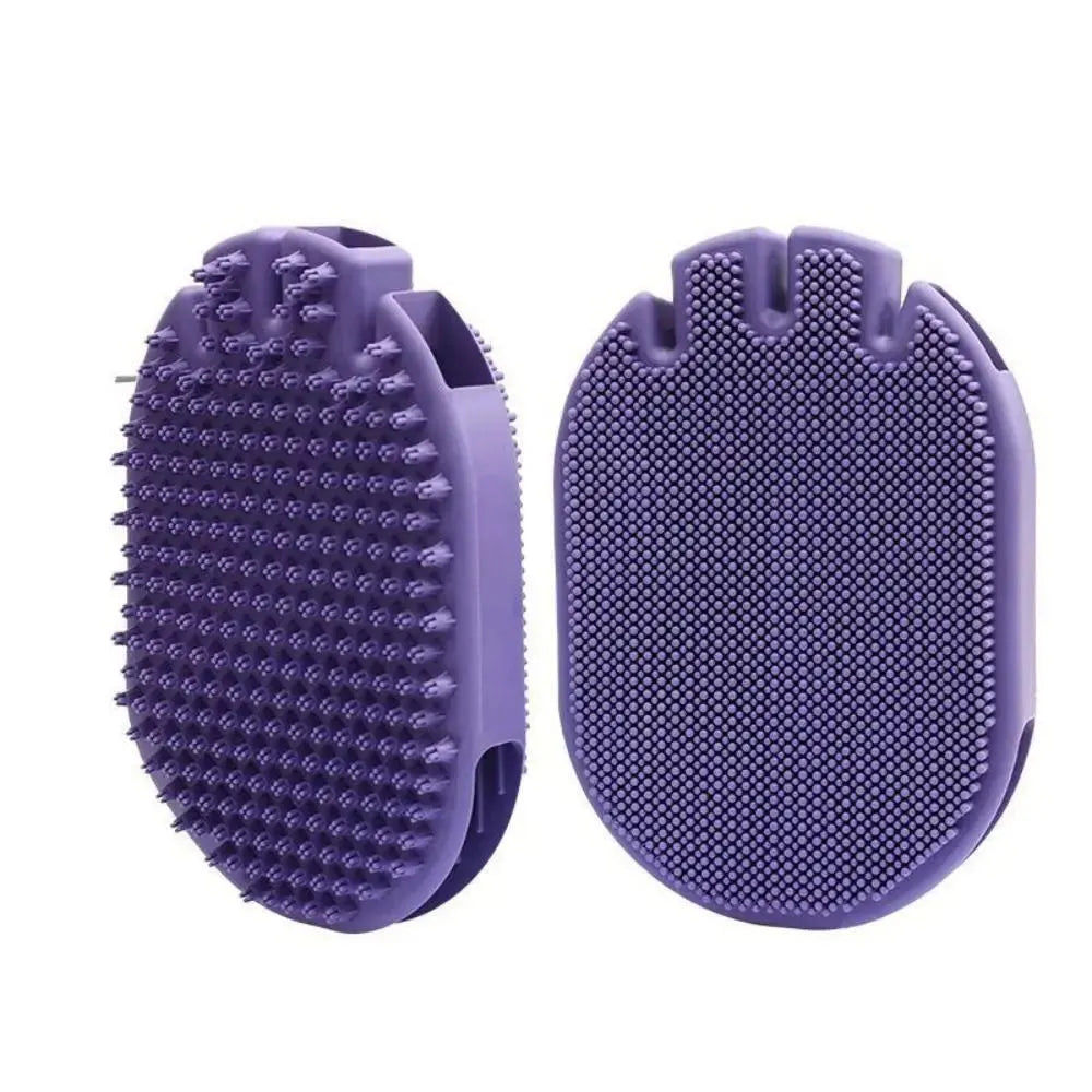 Purple dual-sided pet shampoo brush with soft TPR bristles and ergonomic handle for dog and cat grooming