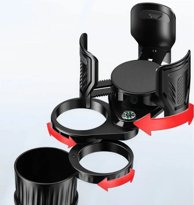 Black adjustable car cup holder with retractable base on a grey background.