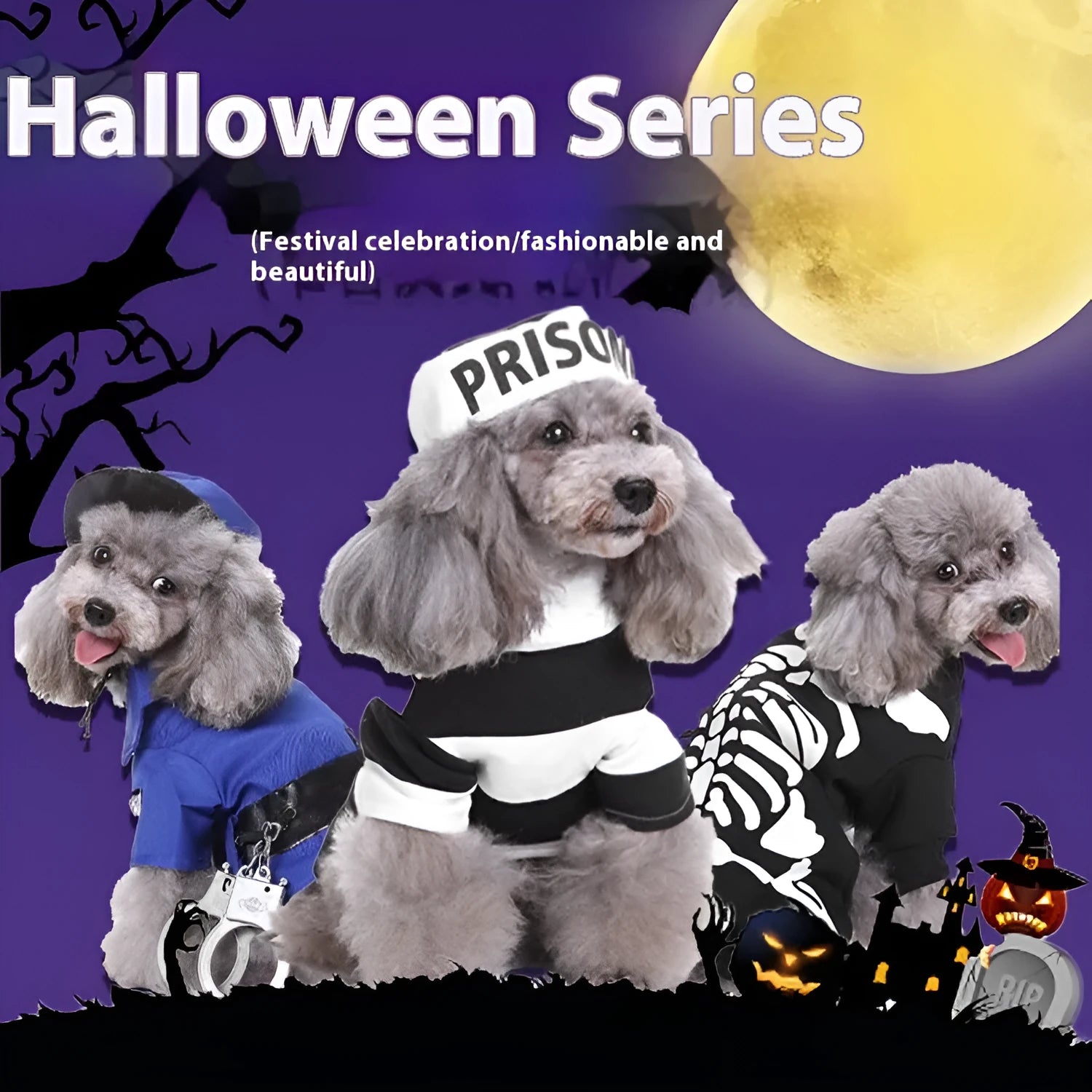 Assortment of pet costume clothes suits for cats and dogs including Christmas and character themes.