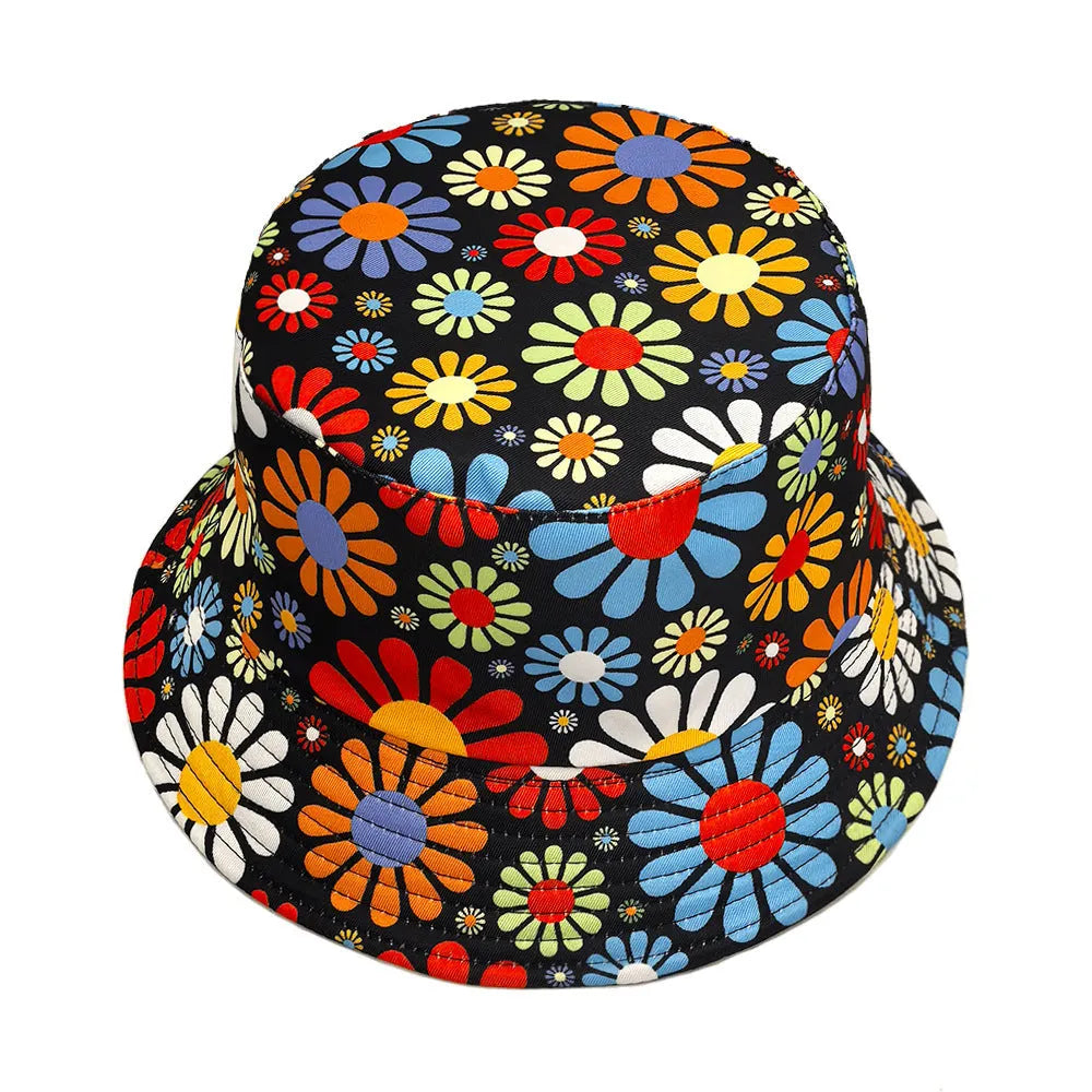 Colourful floral pattern retro bucket sun hat with a dome crown, shown on a neutral background.