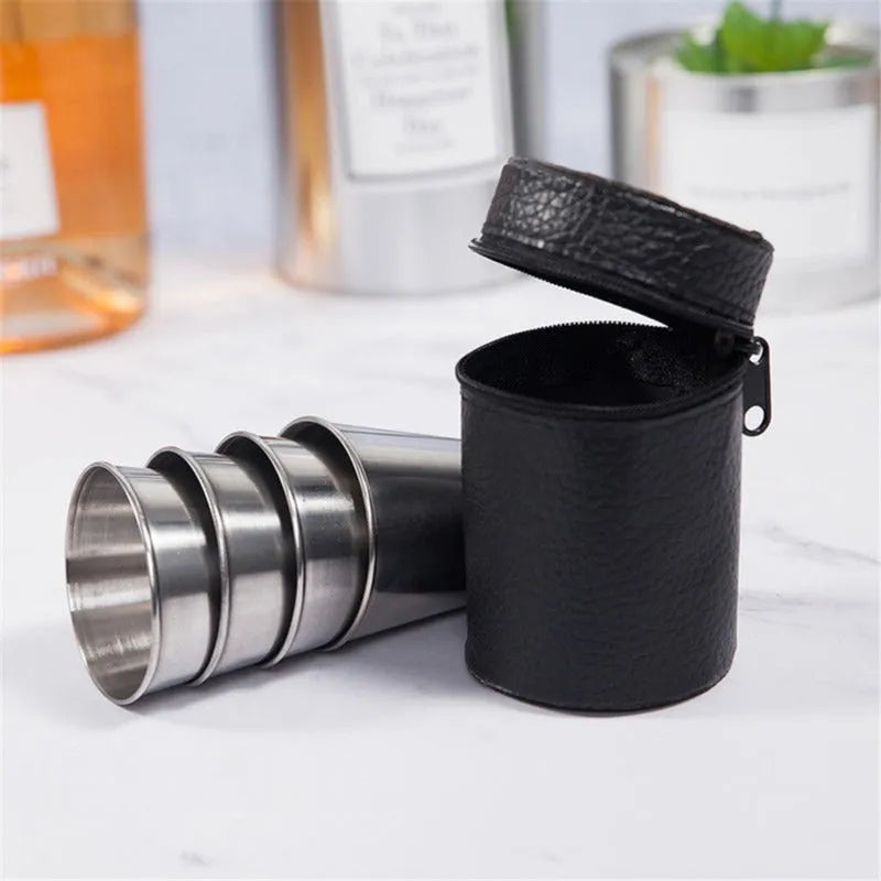 30 ml stainless steel wine glass set with silver finish and PU leather cup holder for outdoor carry