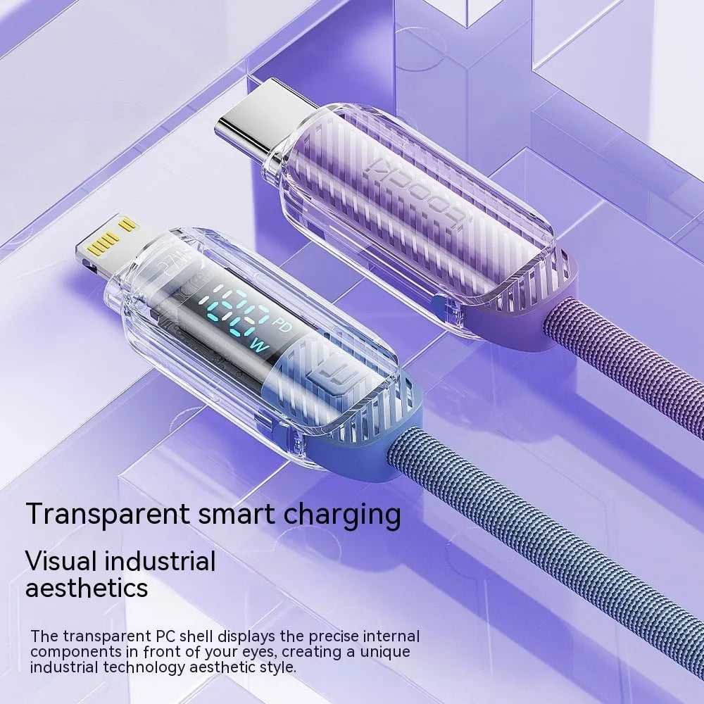 Transparent digital display PD27W fast charging data cable with braided wire in black