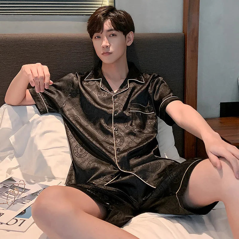 Men's ice silk short sleeve pajama set in plaid pattern, plus size loose fit, summer homewear suit
