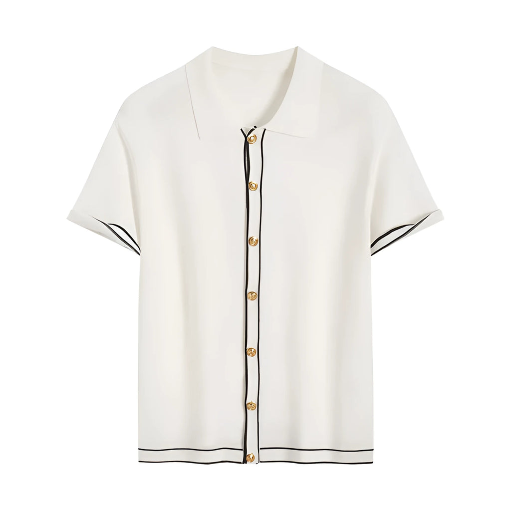 White short sleeve cardigan with contrasting colour lapels on a hanger