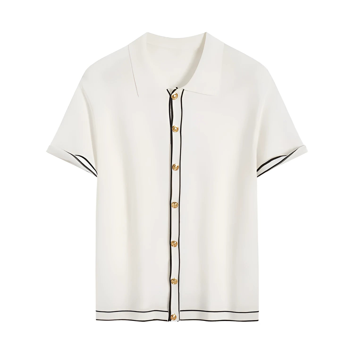 White short sleeve cardigan with contrasting colour lapels on a hanger