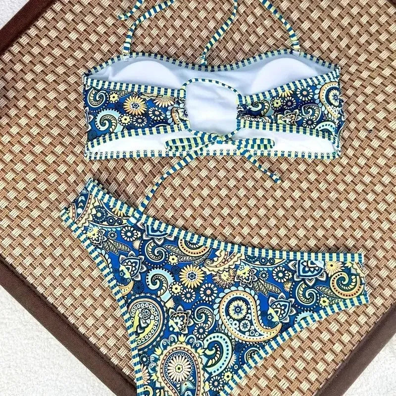 Spaghetti-strap floral print bikini swimsuit for women with polyester fabric and spandex lining in briefs style