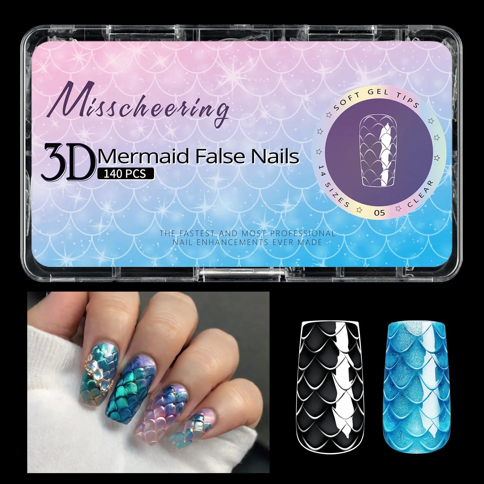 3D scale long shaping nail tips for gel and acrylic nail extensions in multiple colour options