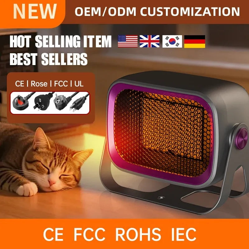 Compact desktop ceramic heater in white with push-button controls and rotatable air vents