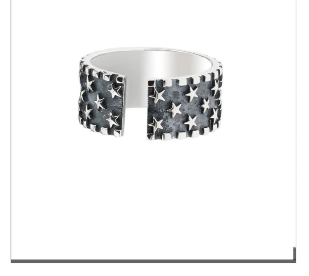 Adjustable sterling silver ring with multi five-pointed star geometric pattern