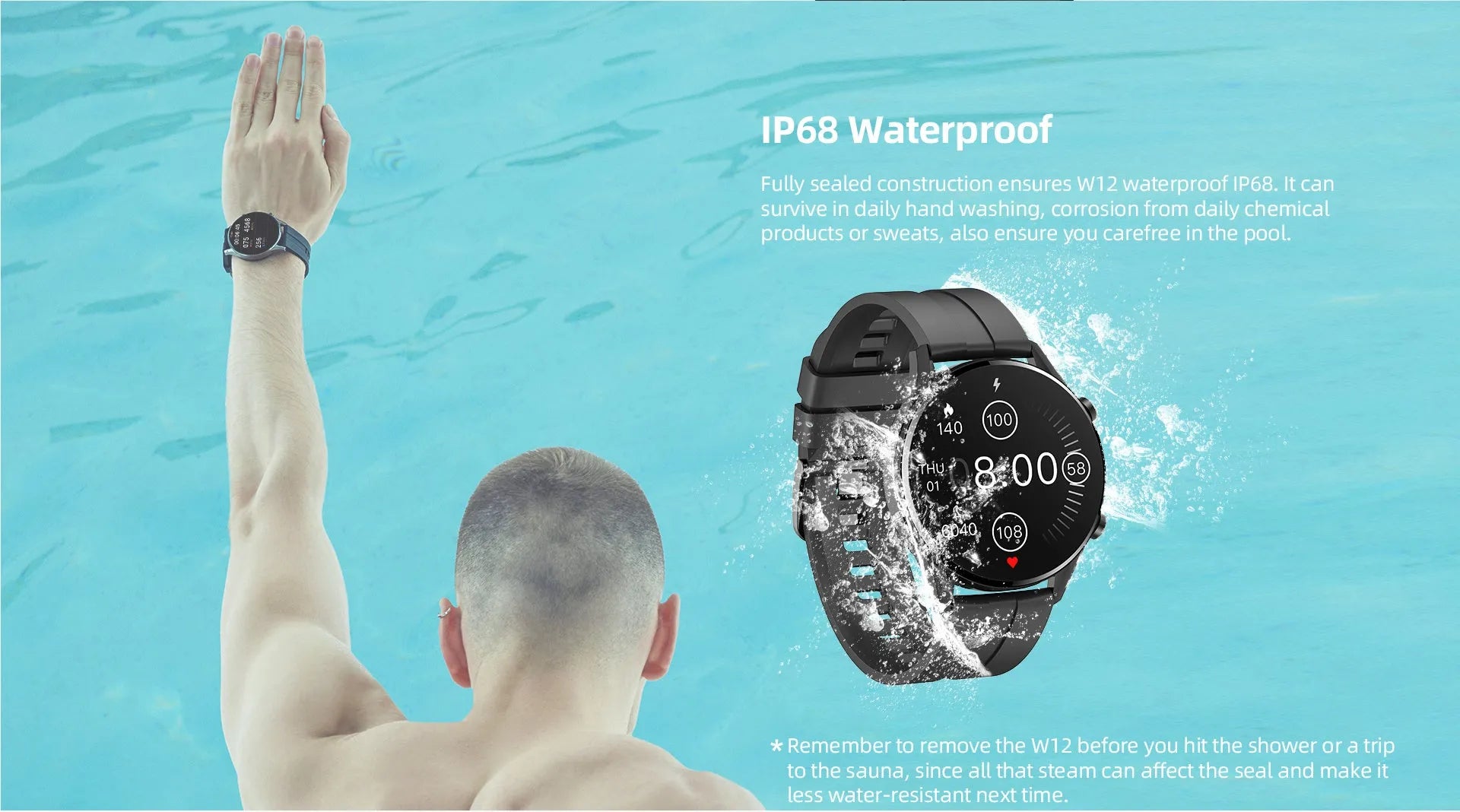 IMILAB W12 Smart Watch Black with 1.32-inch HD screen, rubber strap, and heart rate sensor
