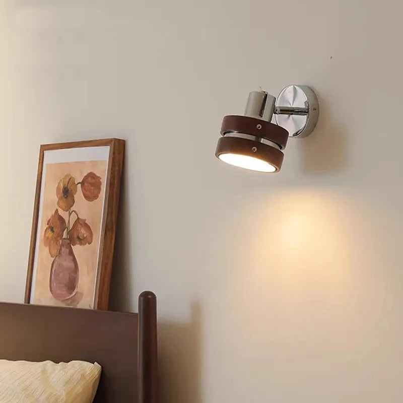 Nordic style walnut finish wall lamp with three colour light options for bedside and living room