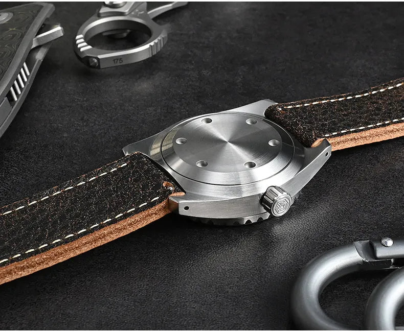 Men's 316L stainless steel diving automatic mechanical watch with black dial, luminous markers, and cowhide strap on white background
