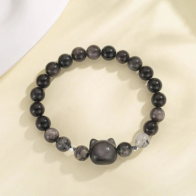 Obsidian cat couple bracelet with silver stone or white agate charm, SL311 colour options.