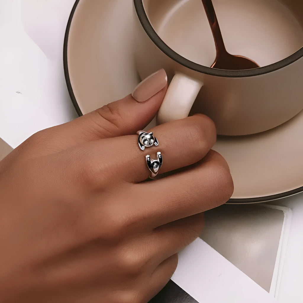 Sterling silver adjustable open ring with cute panda design and white gold plating