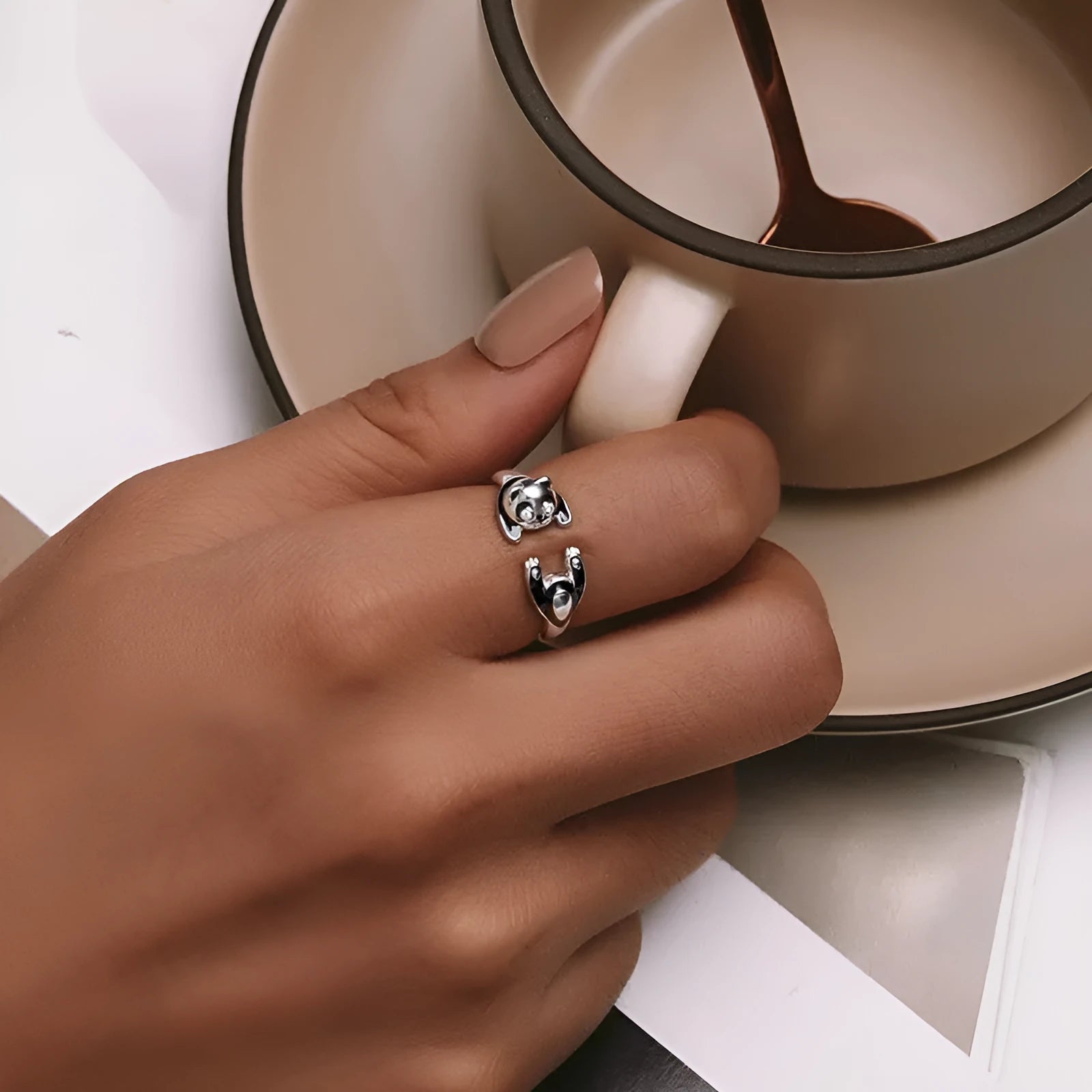 Sterling silver adjustable open ring with cute panda design and white gold plating