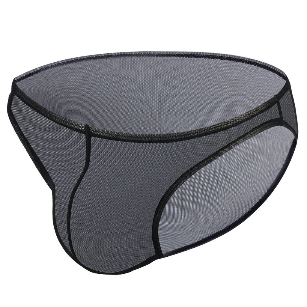 Men's black ice silk low waist briefs on a plain background, showing the brief cut and fabric texture.