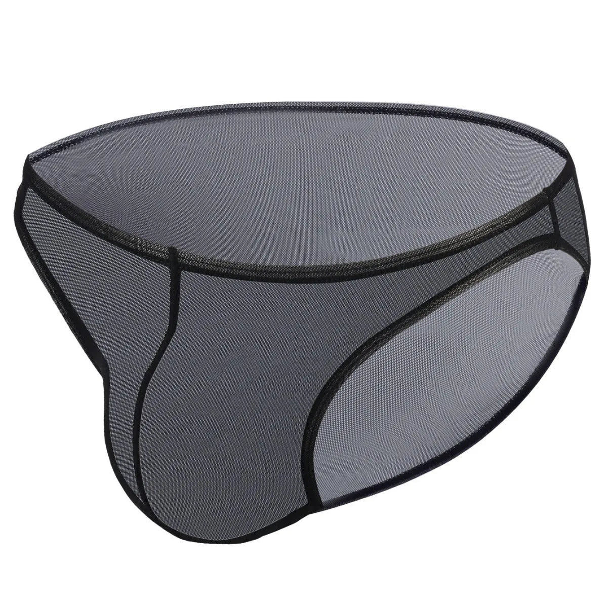Men's black ice silk low waist briefs on a plain background, showing the brief cut and fabric texture.