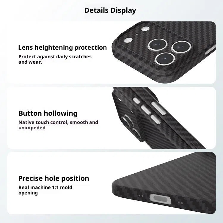 Kevlar carbon fibre texture PP phone case in Pure Black or Titanium Gray, minimalist back cover for iPhone