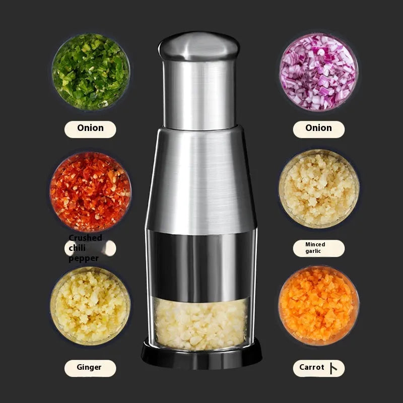 Black manual garlic press and onion chopper with stainless steel blades on a kitchen counter.