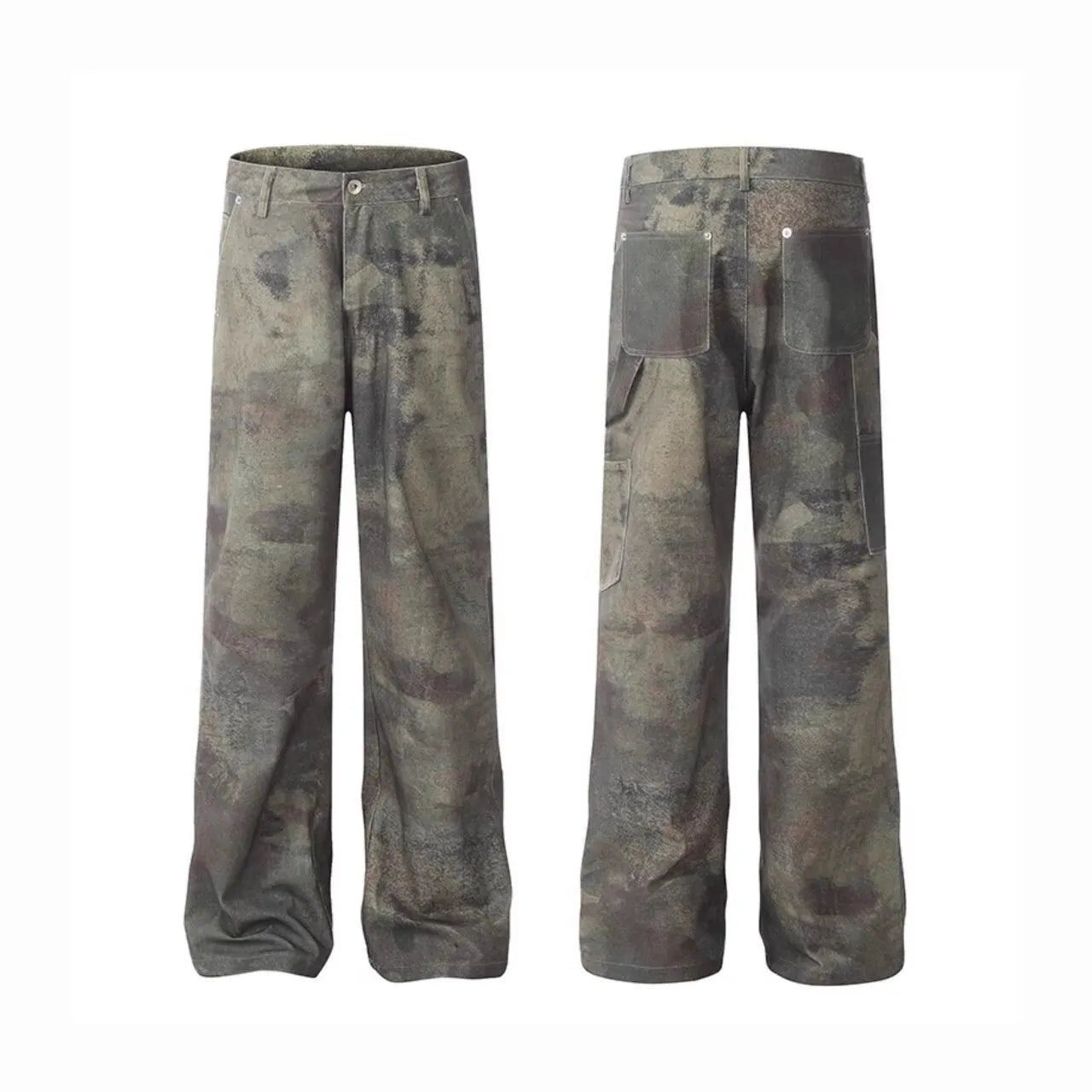 Men's straight cut camouflage jeans in cotton denim fabric showing digital pattern detailing