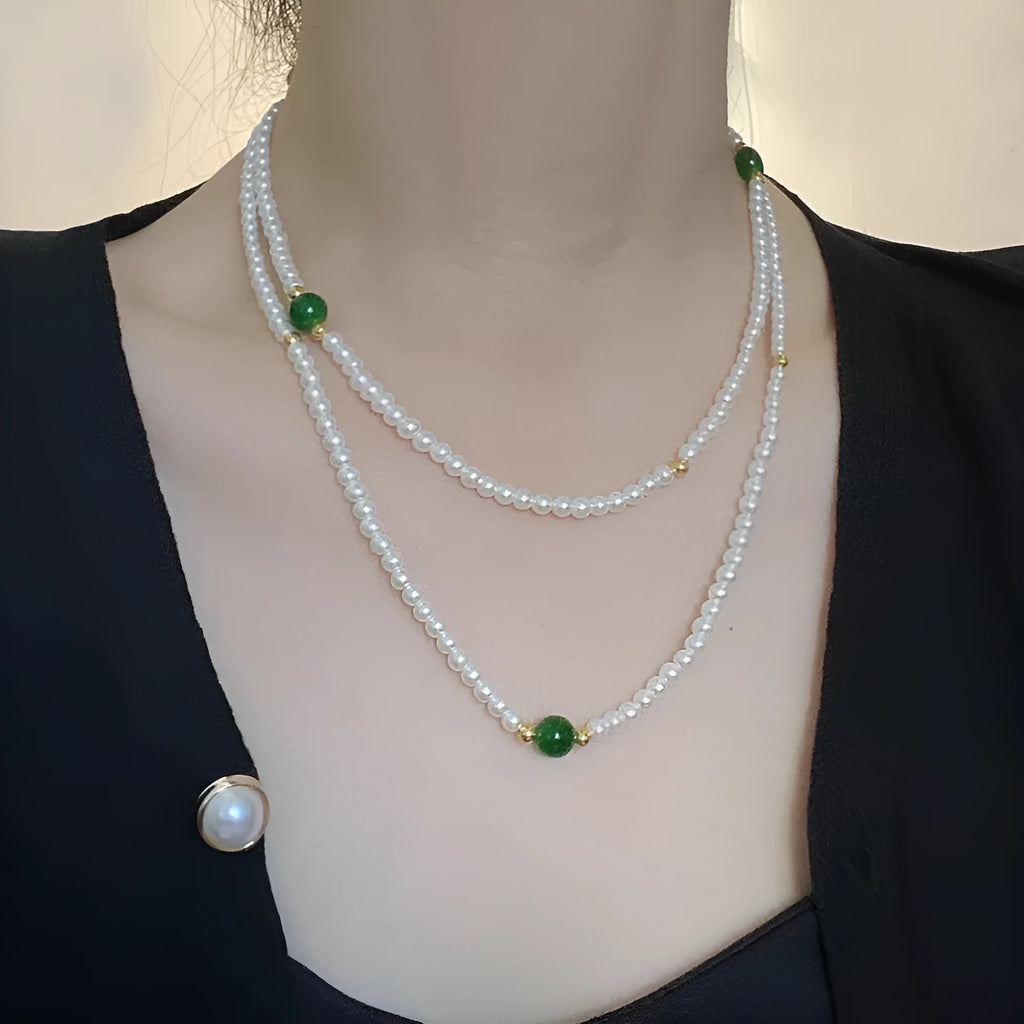 925 sterling silver twin clavicle necklace with 4mm pearl, 8mm green chalcedony bead and 4mm silver beads