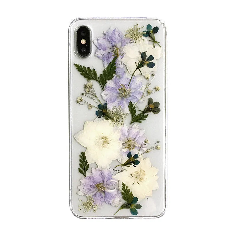 Blue and purple dried flowers design on a soft TPU case for iPhone