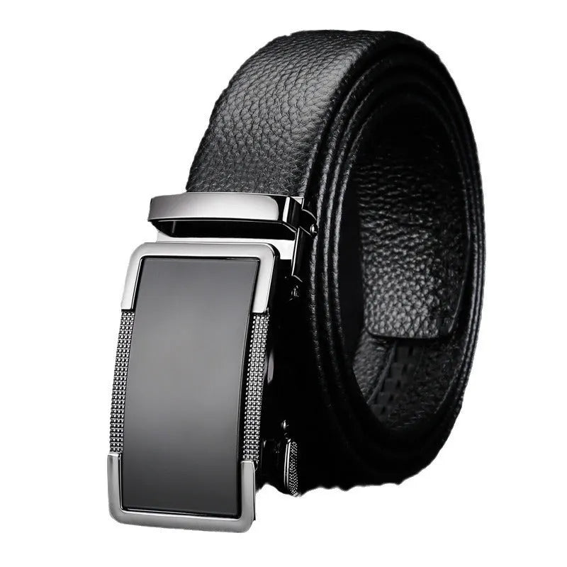 Men's leather automatic buckle belt showing alloy buckle in gun black, silver, or gold colour options.