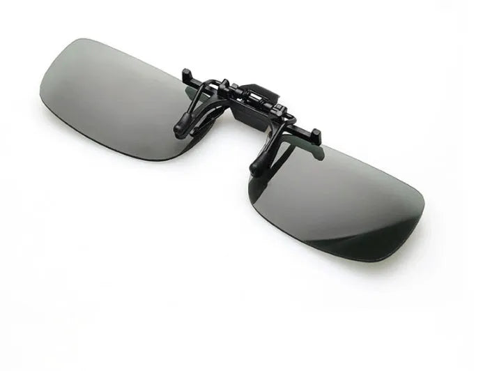 PC plastic clip-on sunglasses designed to fit over prescription glasses for driving and outdoor use.