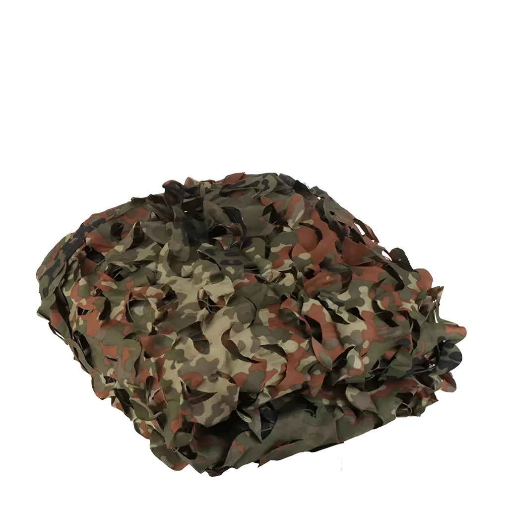 Green camouflage netting set unfolded, showing a mottled pattern, for camp sunshade and tactical cover.
