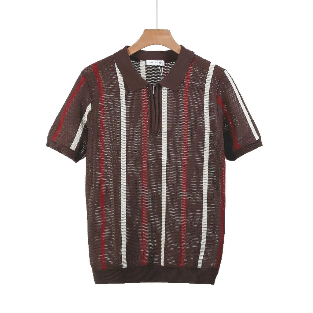 Hollow mesh short-sleeved knitting polo shirt in Ice Silk fabric with zipper decorations, loose fit, black colour